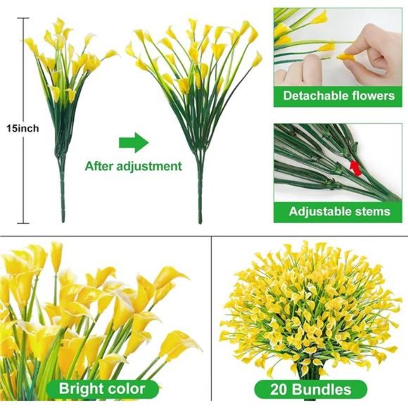 20 Bundles Artificial Flowers for Outdoors Fake Calla Lily Flowers, Yellow - Picture 3 of 7